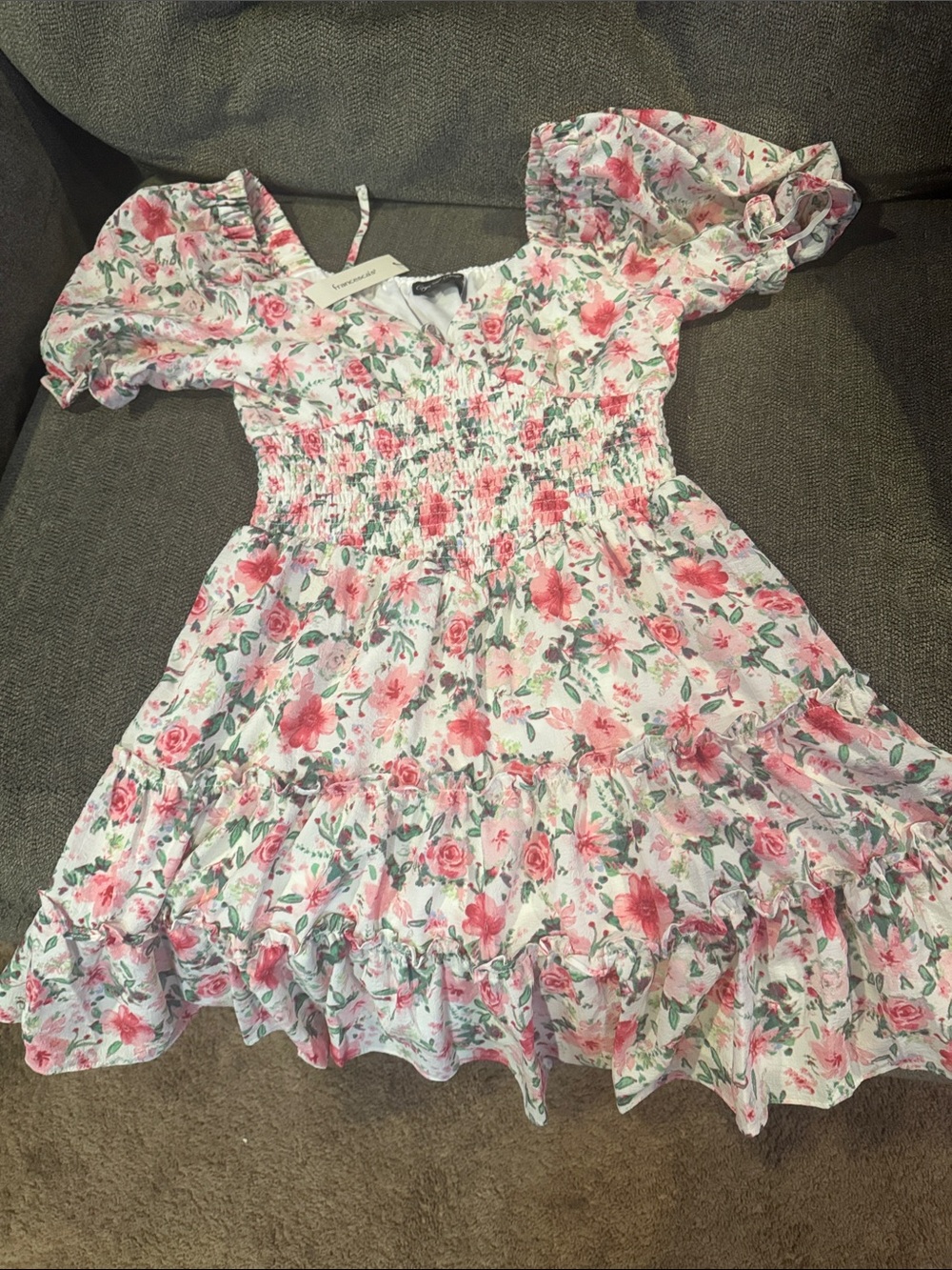 Francesca's Collections White Floral Smocked Mini Dress with Pink Blooms